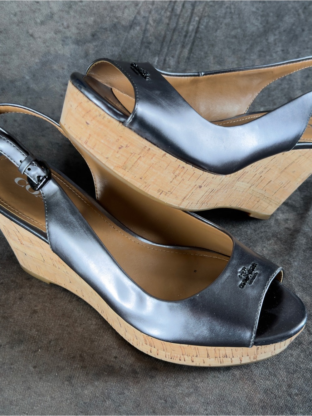 Coach Silver Leather Cork Wedge Slingback Peep-Toe Sandals